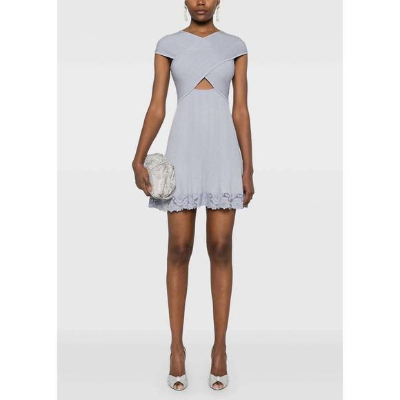 NEW SELF-PORTRAIT blue knit lace insert mini dress in blue